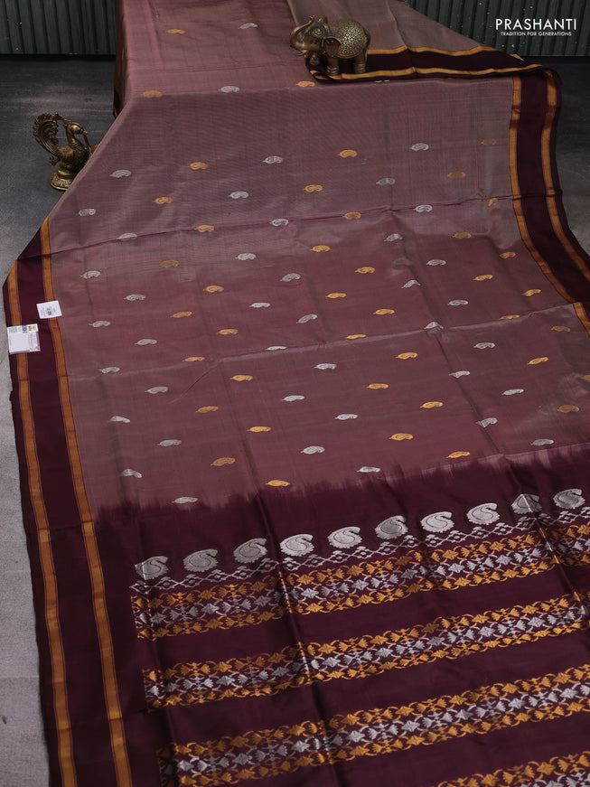 Pure uppada silk saree brown and deep maroon with silver & gold zari woven buttas and zari woven border