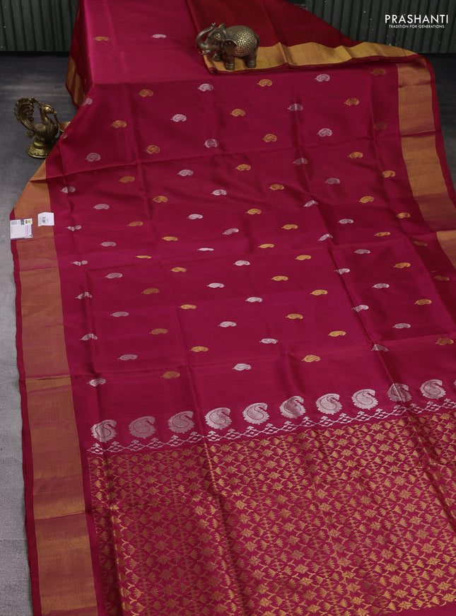 Pure uppada silk saree pink with silver & gold zari woven buttas and zari woven border