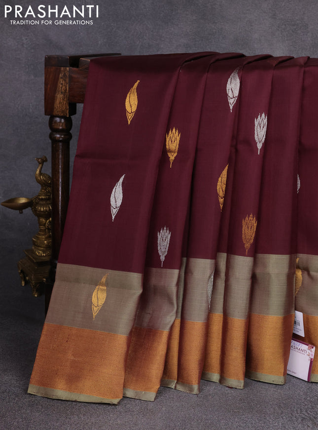 Pure uppada silk saree deep maroon and grey with silver & gold zari woven buttas and zari woven border
