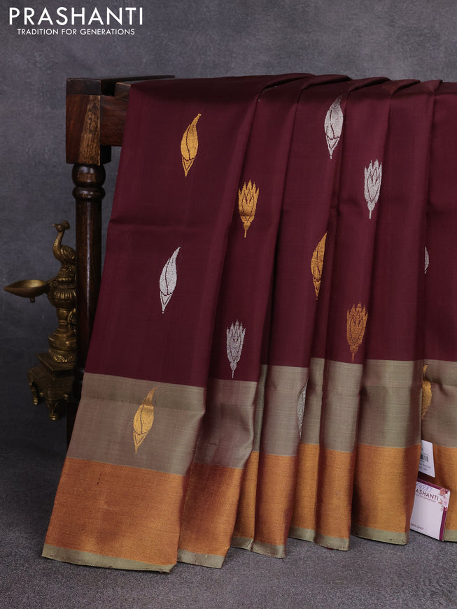 Pure uppada silk saree deep maroon and grey with silver & gold zari woven buttas and zari woven border
