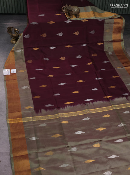 Pure uppada silk saree deep maroon and grey with silver & gold zari woven buttas and zari woven border