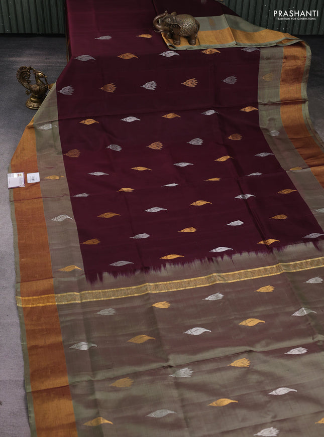 Pure uppada silk saree deep maroon and grey with silver & gold zari woven buttas and zari woven border
