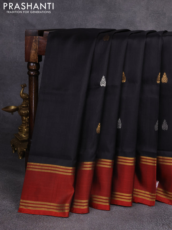 Pure uppada silk saree black and maroon with silver & gold zari woven buttas and rettapet zari woven border
