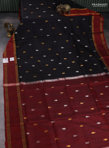 Pure uppada silk saree black and maroon with silver & gold zari woven buttas and rettapet zari woven border