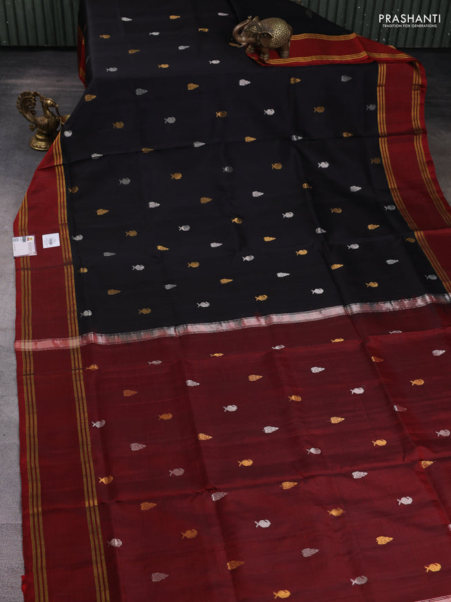 Pure uppada silk saree black and maroon with silver & gold zari woven buttas and rettapet zari woven border