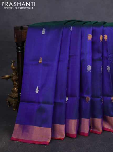 Pure uppada silk saree dual shade of bluish green and maroon with silver & gold zari woven buttas and zari woven border