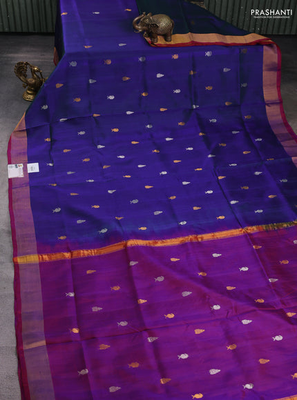 Pure uppada silk saree dual shade of bluish green and maroon with silver & gold zari woven buttas and zari woven border