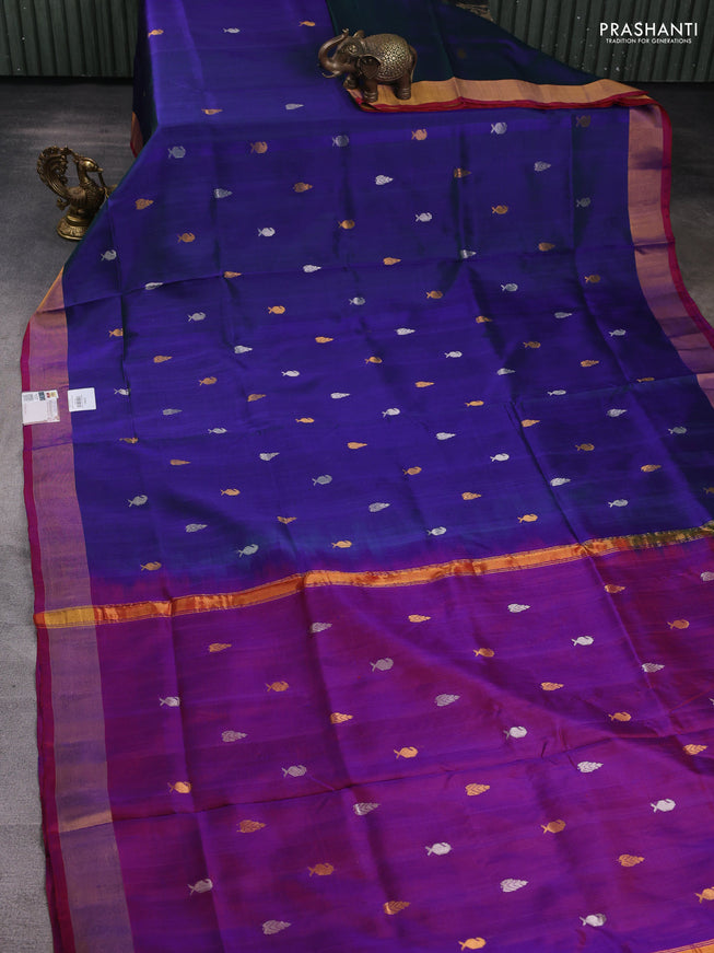 Pure uppada silk saree dual shade of bluish green and maroon with silver & gold zari woven buttas and zari woven border