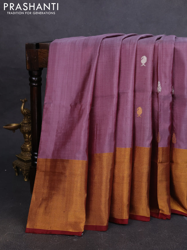 Pure uppada silk saree pastel lavender and maroon with silver & gold zari woven buttas and paisley zari woven butta border