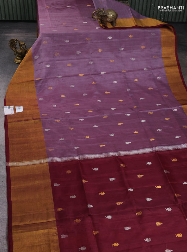 Pure uppada silk saree pastel lavender and maroon with silver & gold zari woven buttas and paisley zari woven butta border