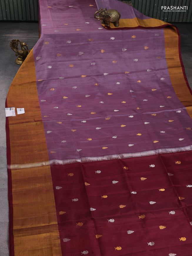 Pure uppada silk saree pastel lavender and maroon with silver & gold zari woven buttas and paisley zari woven butta border