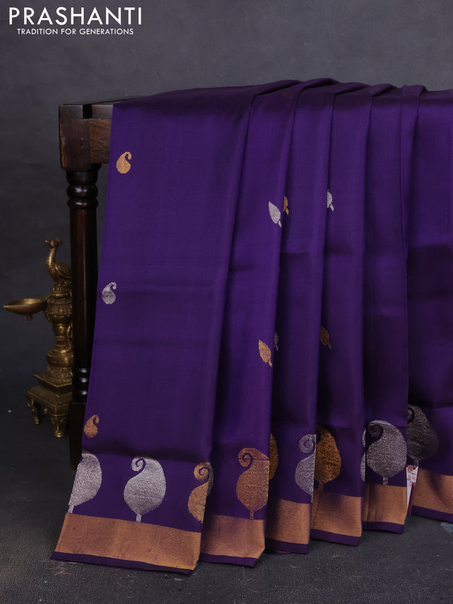 Pure uppada silk saree blue with silver & gold zari woven buttas and paisley zari woven butta border