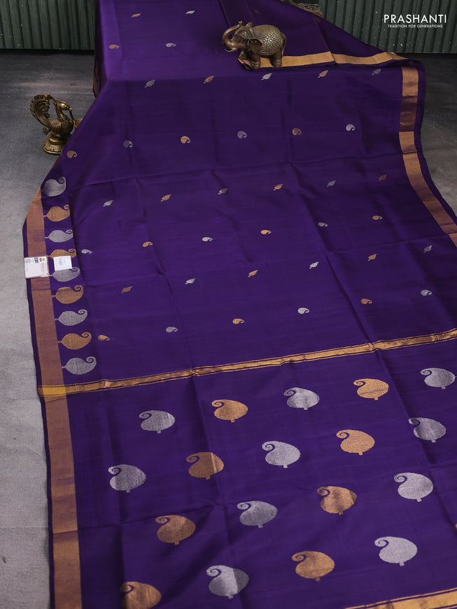 Pure uppada silk saree blue with silver & gold zari woven buttas and paisley zari woven butta border