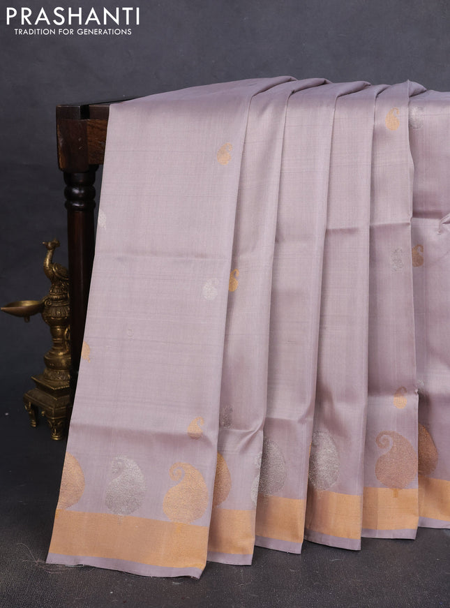 Pure uppada silk saree grey with silver & gold zari woven buttas and paisley zari woven butta border