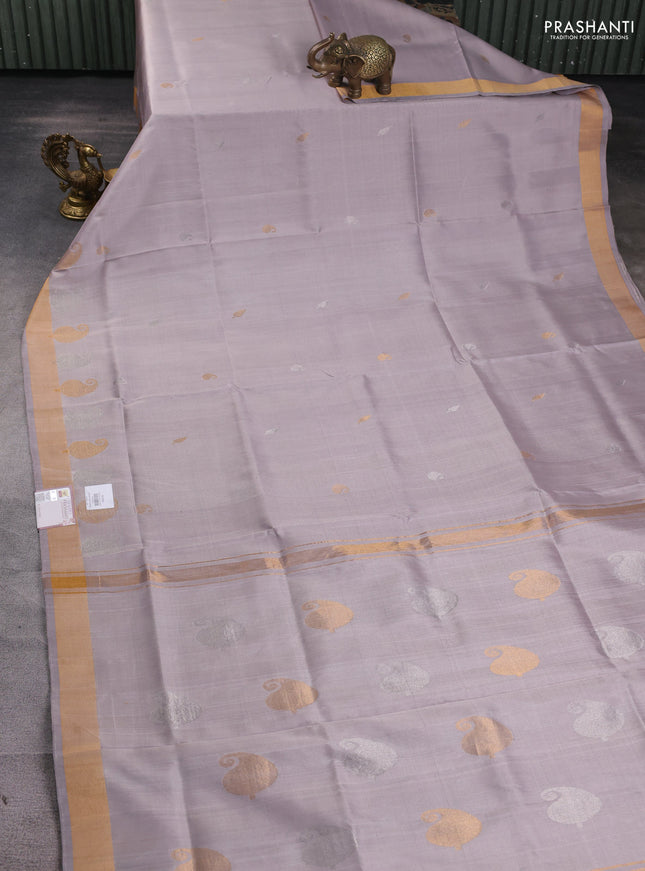 Pure uppada silk saree grey with silver & gold zari woven buttas and paisley zari woven butta border