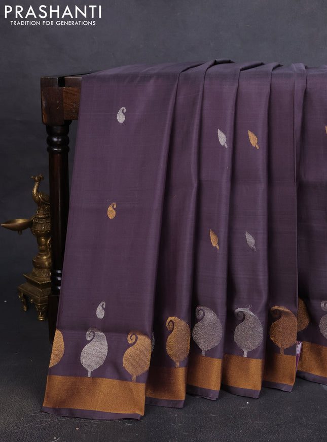 Pure uppada silk saree grey with silver & gold zari woven buttas and paisley zari woven butta border