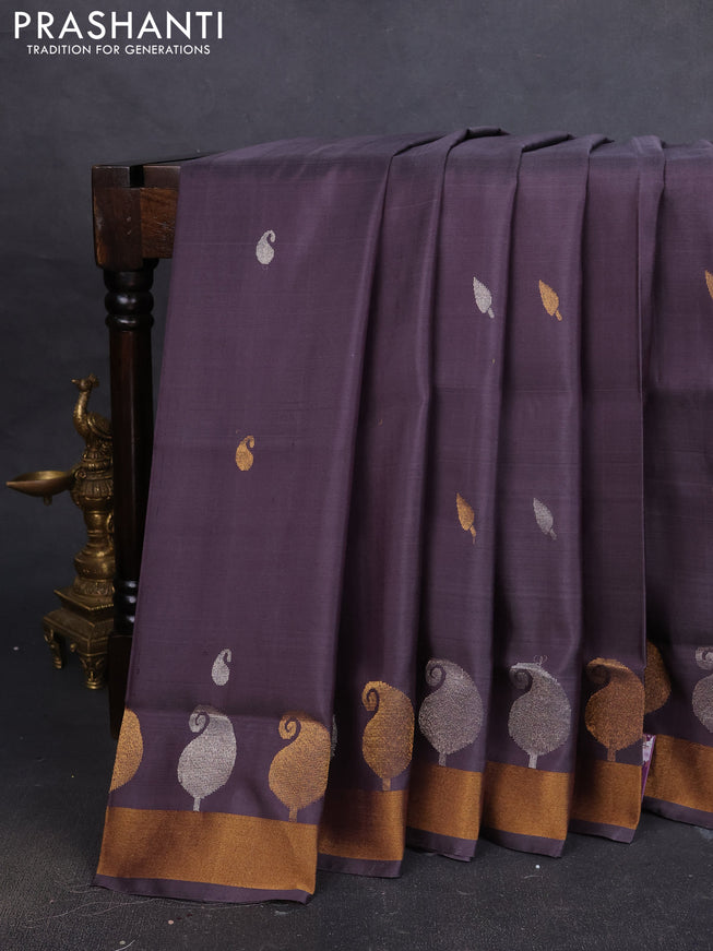 Pure uppada silk saree grey with silver & gold zari woven buttas and paisley zari woven butta border