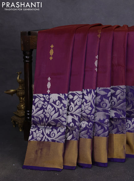Pure uppada silk saree dual shade of maroon and blue with silver & gold zari woven buttas and long rich zari woven border