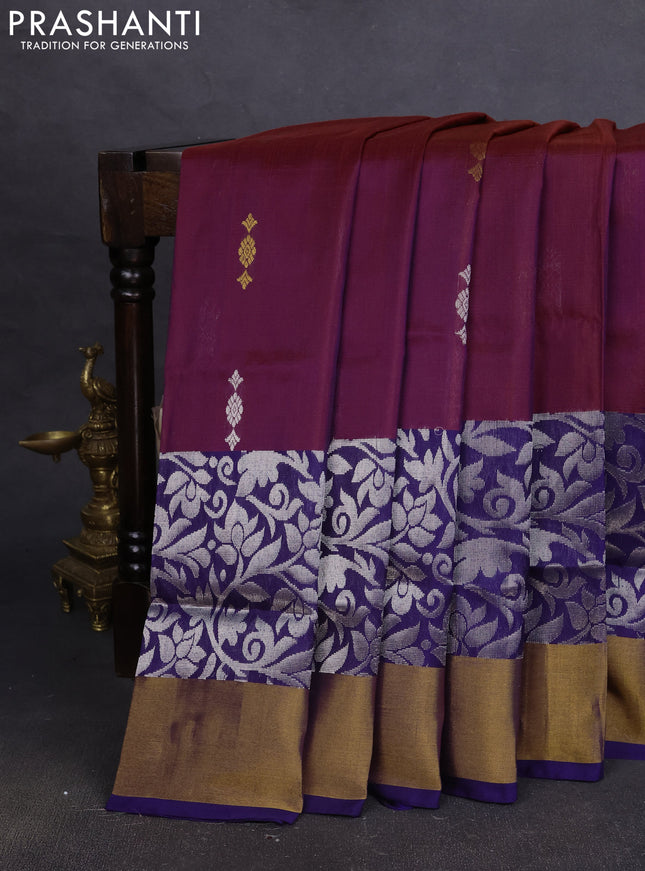 Pure uppada silk saree dual shade of maroon and blue with silver & gold zari woven buttas and long rich zari woven border