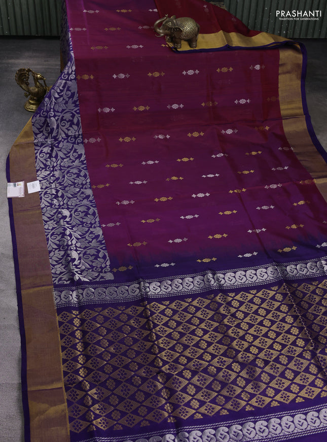 Pure uppada silk saree dual shade of maroon and blue with silver & gold zari woven buttas and long rich zari woven border