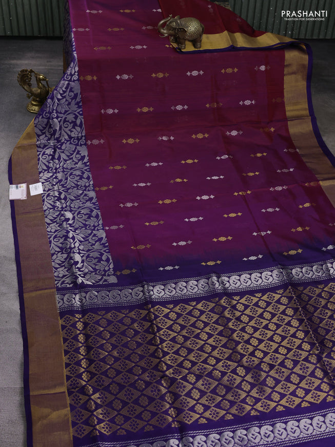 Pure uppada silk saree dual shade of maroon and blue with silver & gold zari woven buttas and long rich zari woven border