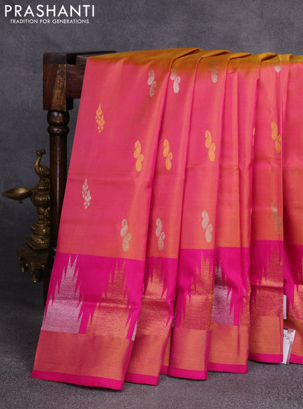 Pure uppada silk saree pink shade with silver & gold zari woven buttas and temple design zari woven border