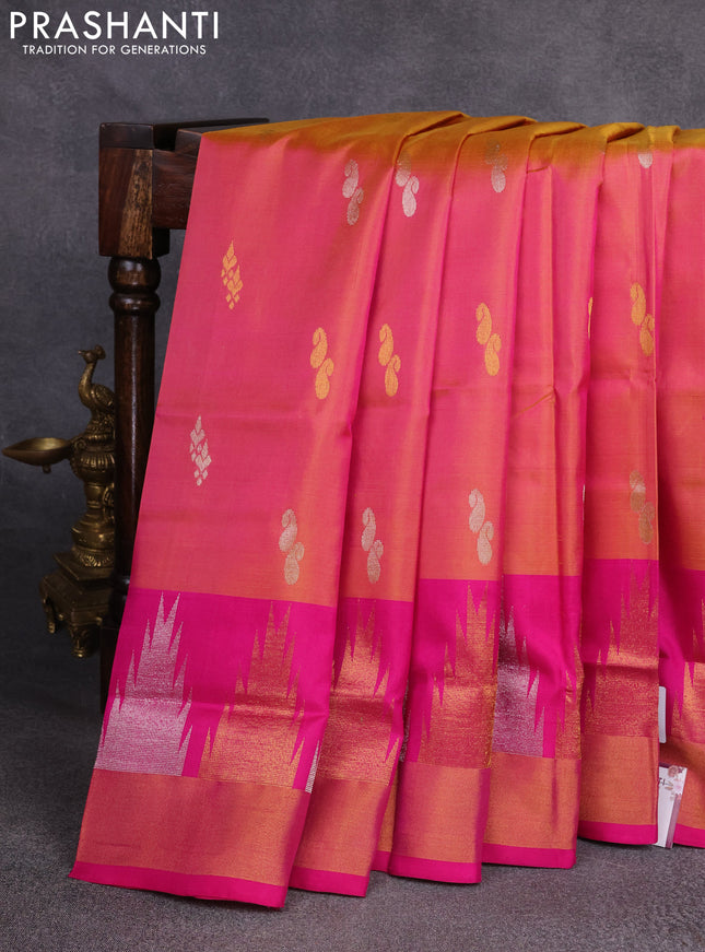 Pure uppada silk saree pink shade with silver & gold zari woven buttas and temple design zari woven border