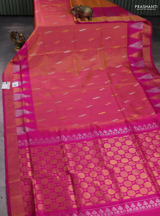 Pure uppada silk saree pink shade with silver & gold zari woven buttas and temple design zari woven border