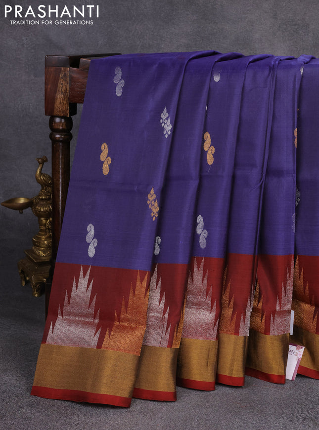 Pure uppada silk saree blue shade and maroon with silver & gold zari woven buttas and temple design zari woven border