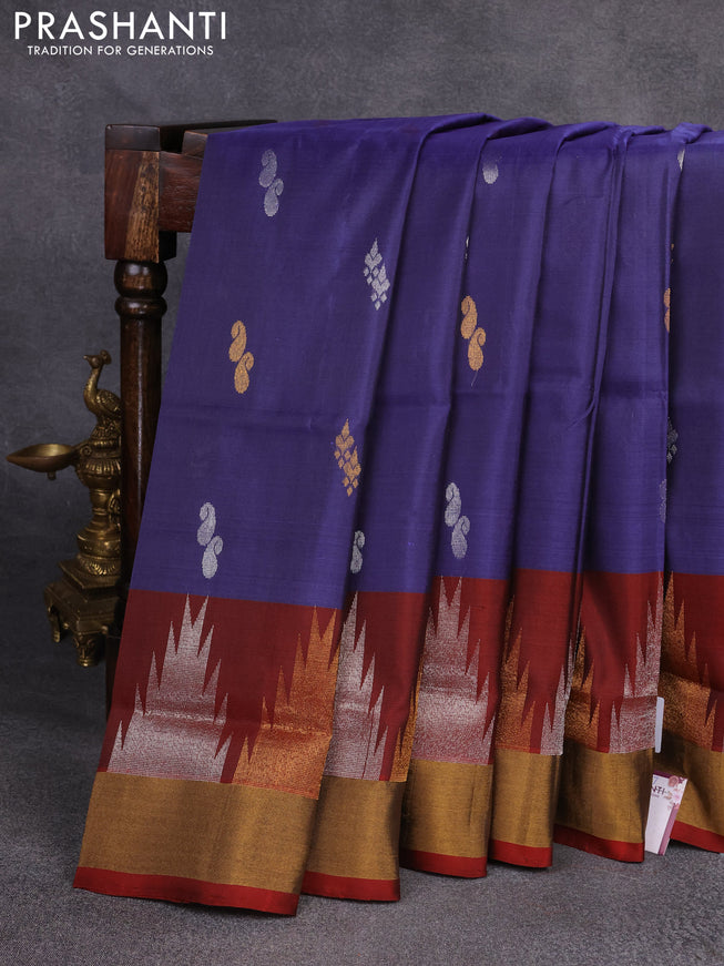 Pure uppada silk saree blue shade and maroon with silver & gold zari woven buttas and temple design zari woven border