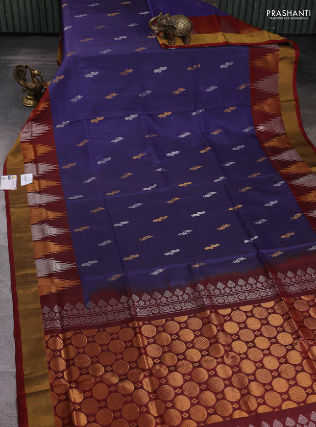 Pure uppada silk saree blue shade and maroon with silver & gold zari woven buttas and temple design zari woven border