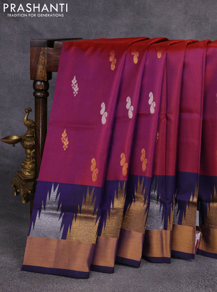 Pure uppada silk saree dual shade of maroon and navy blue with silver & gold zari woven buttas and temple design zari woven border