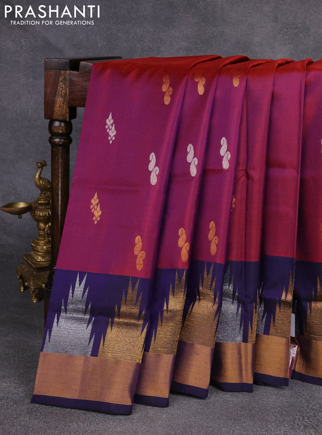Pure uppada silk saree dual shade of maroon and navy blue with silver & gold zari woven buttas and temple design zari woven border