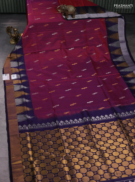 Pure uppada silk saree dual shade of maroon and navy blue with silver & gold zari woven buttas and temple design zari woven border