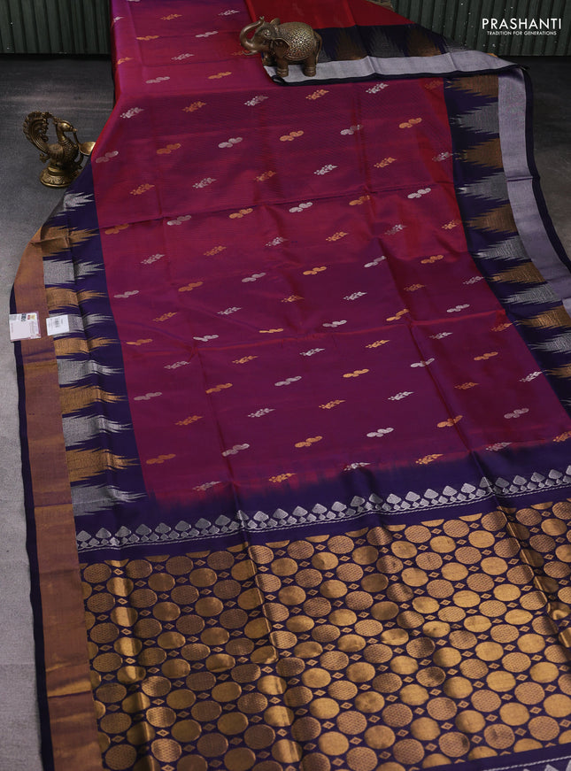 Pure uppada silk saree dual shade of maroon and navy blue with silver & gold zari woven buttas and temple design zari woven border