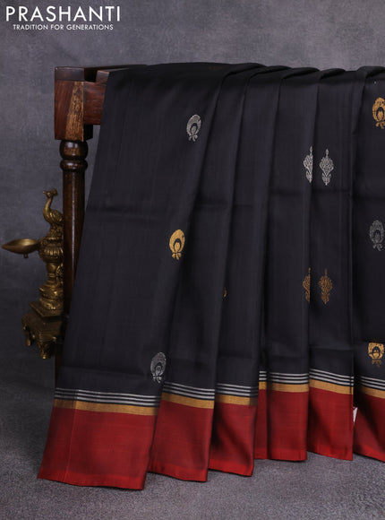 Pure uppada silk saree black and maroon with silver & gold zari woven buttas and zari woven simple border