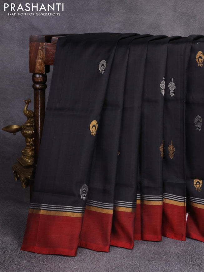 Pure uppada silk saree black and maroon with silver & gold zari woven buttas and zari woven simple border