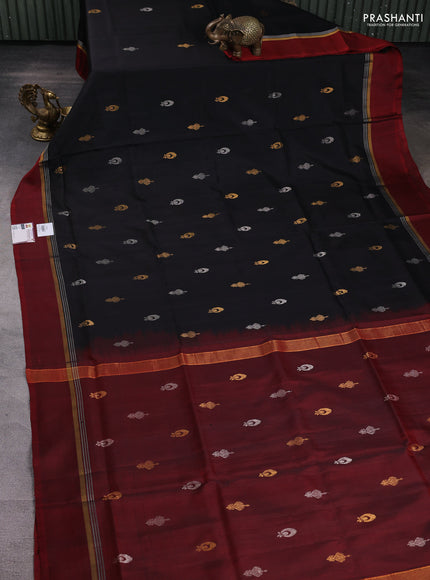 Pure uppada silk saree black and maroon with silver & gold zari woven buttas and zari woven simple border