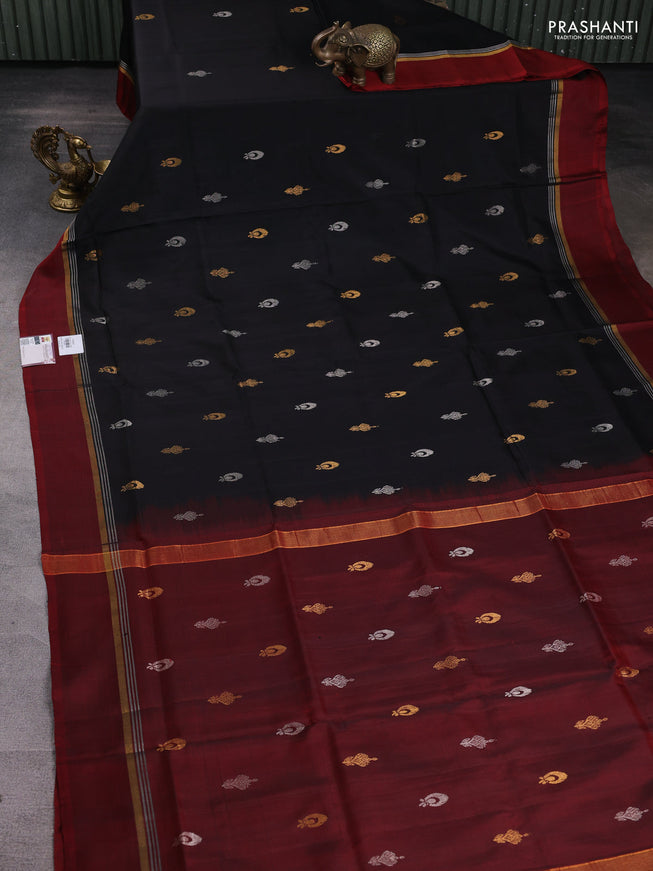 Pure uppada silk saree black and maroon with silver & gold zari woven buttas and zari woven simple border