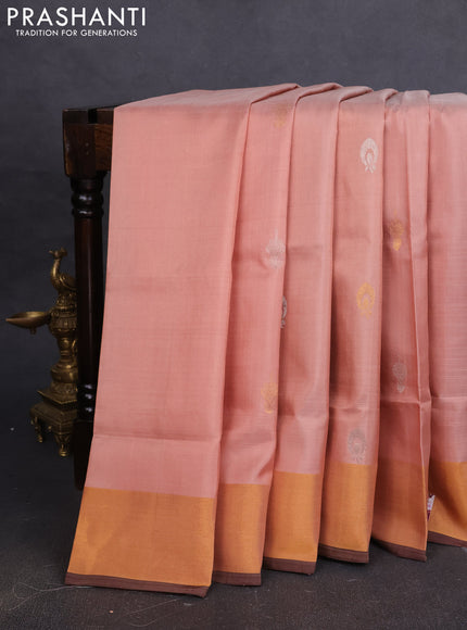 Pure uppada silk saree peach shade with silver & gold zari woven buttas and zari woven border