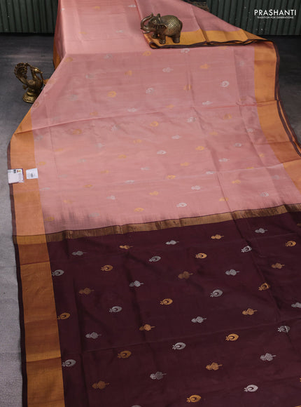 Pure uppada silk saree peach shade with silver & gold zari woven buttas and zari woven border