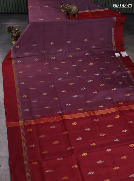Pure uppada silk saree brown and maroon with silver & gold zari woven buttas and zari woven border