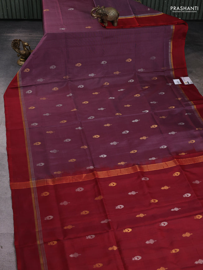 Pure uppada silk saree brown and maroon with silver & gold zari woven buttas and zari woven border