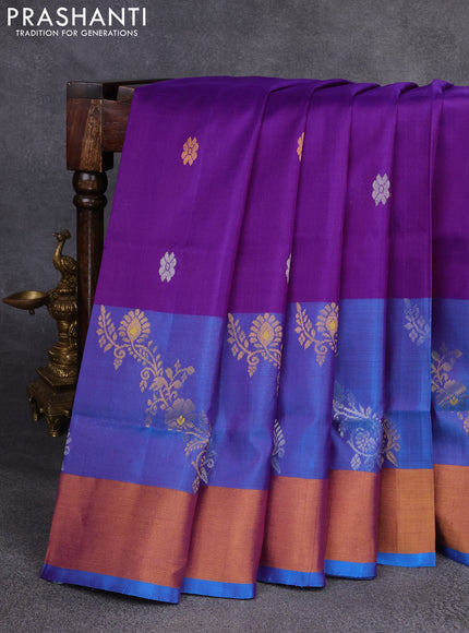 Pure uppada silk saree purple and cs blue with silver & gold zari woven buttas and zari woven border