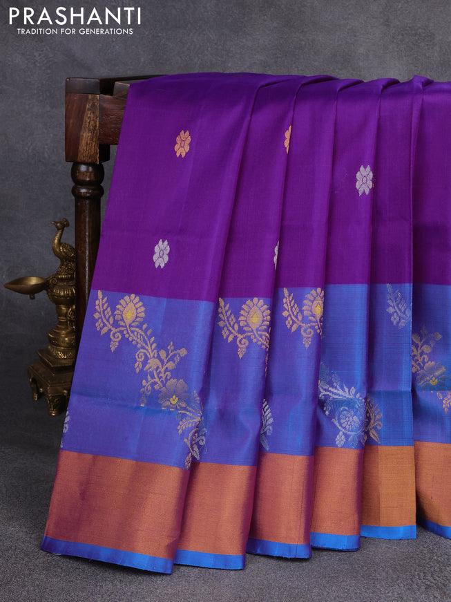 Pure uppada silk saree purple and cs blue with silver & gold zari woven buttas and zari woven border
