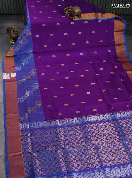 Pure uppada silk saree purple and cs blue with silver & gold zari woven buttas and zari woven border