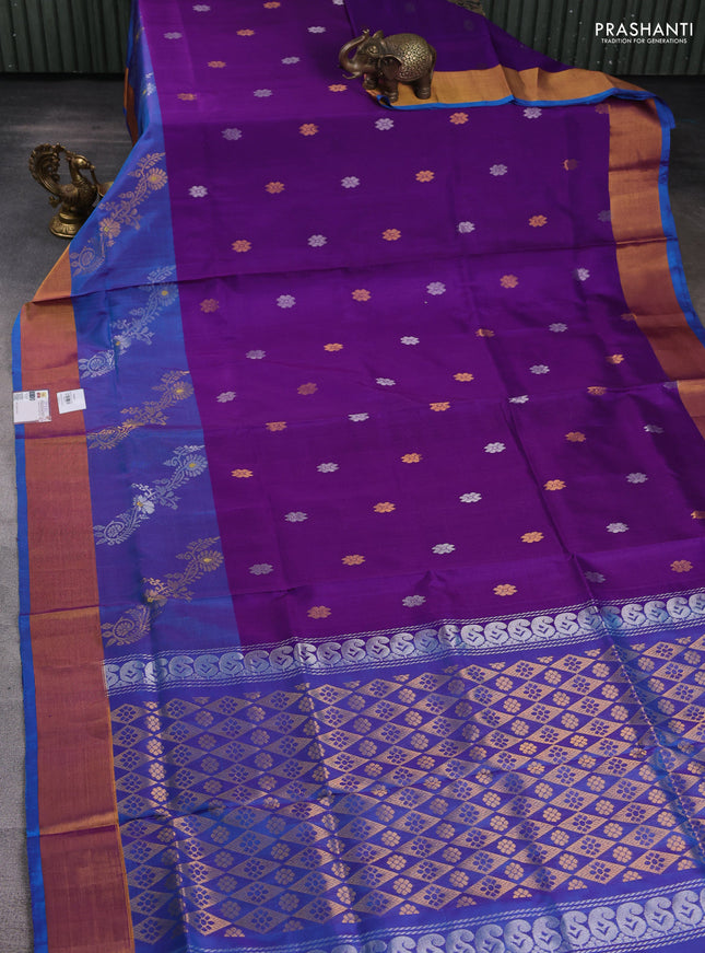Pure uppada silk saree purple and cs blue with silver & gold zari woven buttas and zari woven border