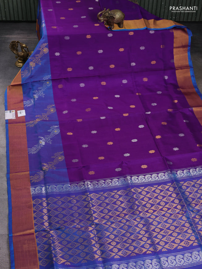 Pure uppada silk saree purple and cs blue with silver & gold zari woven buttas and zari woven border