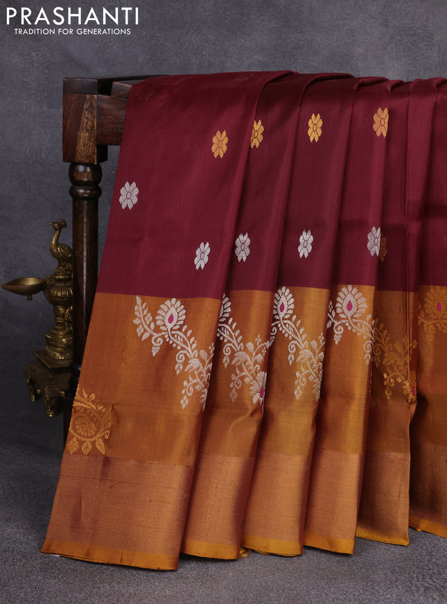 Pure uppada silk saree deep maroon and mustard yellow with silver & gold zari woven buttas and zari woven border