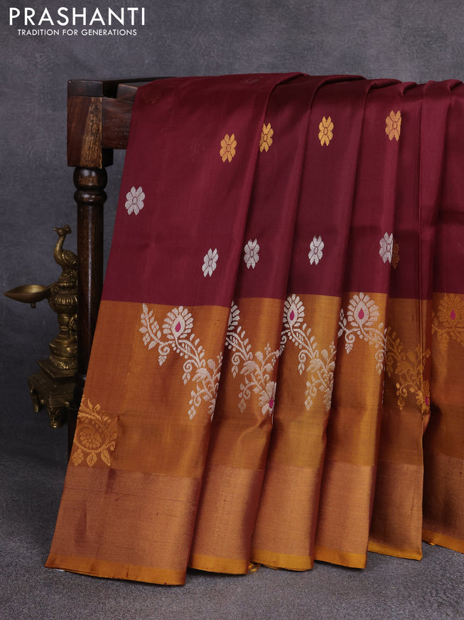 Pure uppada silk saree deep maroon and mustard yellow with silver & gold zari woven buttas and zari woven border